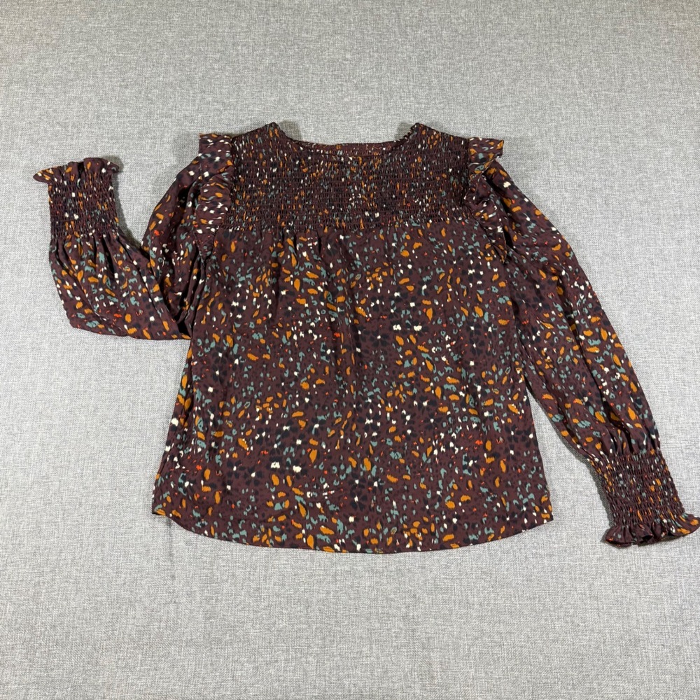 Sharagano Smocked Blouse Womens M Burgundy Abstract Ruffle Boho Career Top - Picture 5 of 10